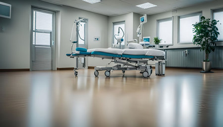 A sterile and modern examination room with medical equipment, including a bed, medical devices, and a plant.の写真素材