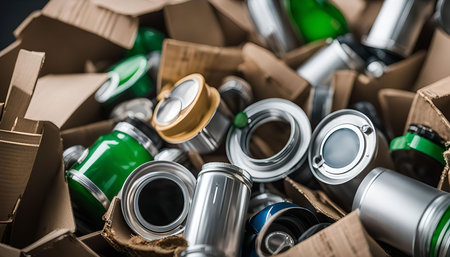 A close-up image of various metal parts in a cardboard box. The parts are in various shapes and sizes, and some are made of different metals. The cardboard box is brown and is slightly crushed.の写真素材
