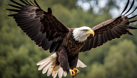 A majestic bald eagle in flight with its wings spread wide, showing its powerful presence and sharp focus.の写真素材