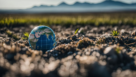 A small globe rests on the ground in a field, with mountains in the distance and green grass, representing the world and its environment.の写真素材