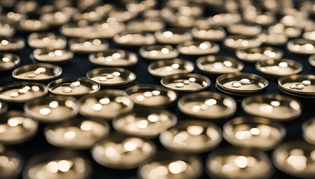 A close-up shot of a patterned surface of shiny metal discs, each with water droplets on it, creating a reflective and abstract design.の写真素材