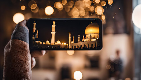 A close-up shot of a hand holding a phone capturing a grand mosque at night. The mosque is...