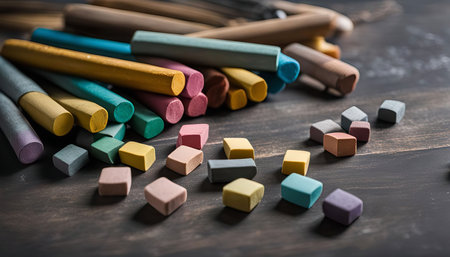 Assortment of colorful chalk sticks and small pieces of chalk arranged on a brown wooden surface.の写真素材