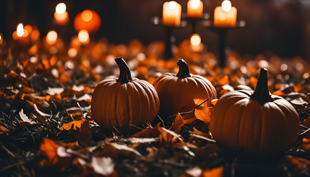 A close-up shot of three pumpkins illuminated by candles in a dark setting, surrounded by fallen...