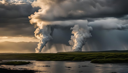 A powerful volcanic eruption spews steam into a dramatic sky, creating a breathtaking landscape. The...