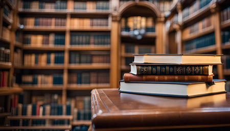 A close-up shot of a stack of books on a wooden table in a library, with rows of bookshelves in the background.の写真素材