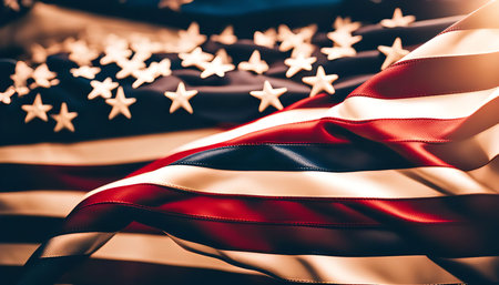 Close-up shot of a waving American flag, showing its vibrant colors and intricate details. The red,...