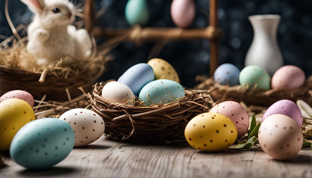 A beautiful image of colorful Easter eggs in a bird's nest, placed on a rustic wooden table. The...