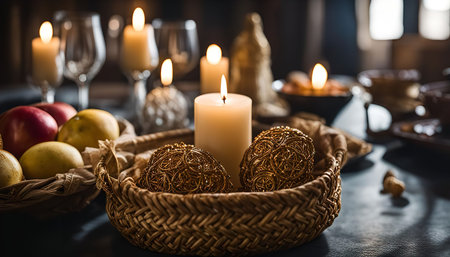 A close-up of a beautifully decorated table with candles, wicker baskets, and golden ornaments, creating a warm and inviting atmosphere.の写真素材
