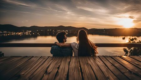 A couple sits on a wooden deck overlooking a lake, watching the sunset paint the sky in golden hues. The silhouette of the couple against the colorful sky creates a romantic and serene image.の写真素材