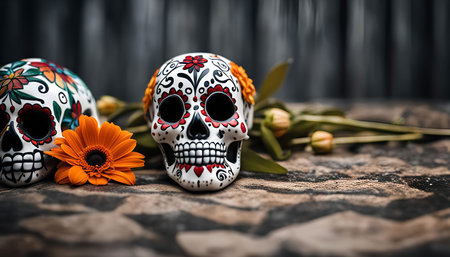 Two colorful sugar skulls on a wooden surface, decorated with flowers, symbolizing the Mexican holiday, Day of the Dead.の写真素材