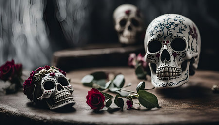 Three sugar skulls, decorated with red roses, are placed on a wooden surface. A wisp of smoke in the...
