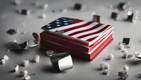 A close-up shot of an American flag napkin folded on a white surface. The napkin is folded in...