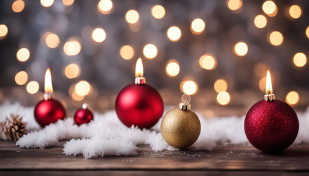 A close-up shot of a beautiful Christmas ornament with a golden finish sitting on a wooden table with a blurred background of Christmas lights.の写真素材