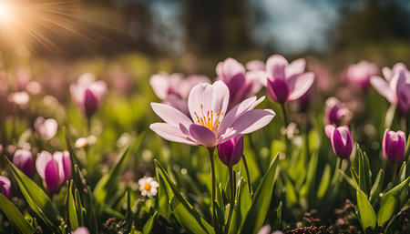 Close-up of delicate pink flowers bathed in the golden light of the sun, creating a beautiful and vibrant scene of springの写真素材