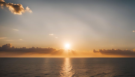 A breathtaking sunrise over a vast ocean, with soft golden hues illuminating the sky and water.の写真素材