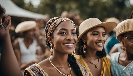 Three women are captured in a moment of pure joy, smiling brightly at something beyond the frame. Their vibrant clothing and accessories add a splash of color to the scene. The background is blurred, suggesting a bustling crowd around them, creating a sense of celebration and camaraderie.の写真素材