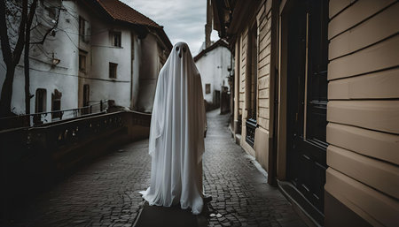 A ghost in a white sheet walks down a narrow cobblestone alley in an old European town. The image...