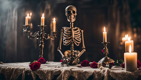 A skeleton sits at a candlelit table adorned with roses. The image is filled with gothic and mysterious elements, creating an atmosphere of both beauty and darkness.の写真素材