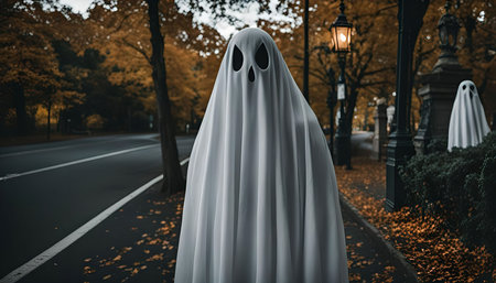 A ghostly figure stands on a street at night, with a background of trees and fallen leaves, on a...