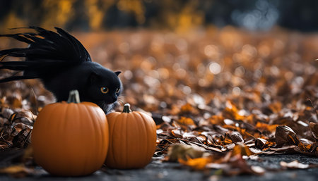A black cat with a feathery tail stands next to pumpkins in a forest of autumn leaves.の写真素材