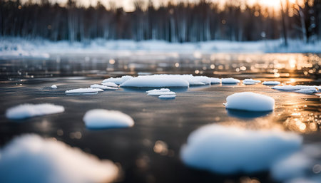 Close up of a frozen lake with snow and ice on the surface. The sun is setting, casting a golden glow over the waterの写真素材