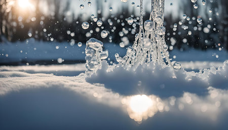 A close-up image of water droplets falling on a bed of fresh snow. The droplets are frozen in time, creating a beautiful abstract pattern.の写真素材
