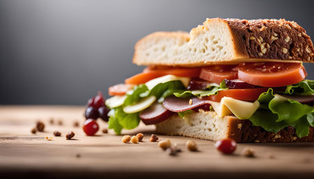 A close-up shot of a delicious sandwich with fresh ingredients on a wooden table. It's layered with...