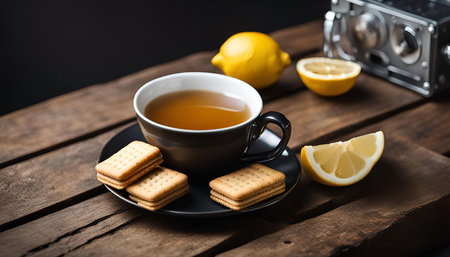 A close-up image of a cup of tea with lemon and biscuits on a wooden table. The image has a warm and inviting atmosphere.の写真素材