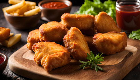Close-up of golden fried chicken nuggets on a wooden board. The nuggets are crispy and delicious, perfect for a quick and easy meal.の写真素材