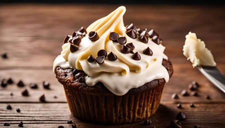 A close up of a chocolate cupcake with vanilla frosting and chocolate chips, there are other chocolate chips scattered around on a wooden table.の写真素材