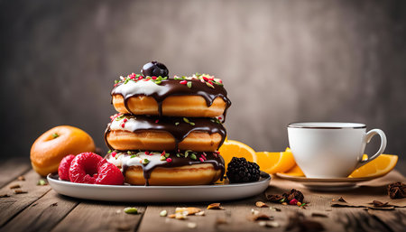 A stack of three chocolate glazed donuts, topped with sprinkles and a single berry, is beautifully...