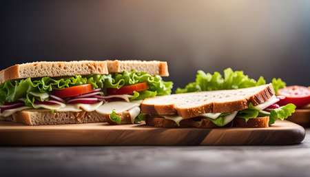 A close-up shot of a delicious sandwich with lettuce, tomato, and cheese on a wooden cutting board. It is a fresh and healthy meal, perfect for lunch or dinner.の写真素材
