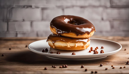 Two chocolate donuts are stacked and placed on a white plate with brown sprinkles.の写真素材