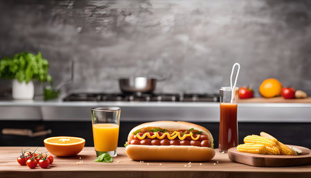 A classic hot dog with mustard and relish, served with a glass of orange juice, corn on the cob, and cherry tomatoes on a wooden table in a kitchen setting.の写真素材