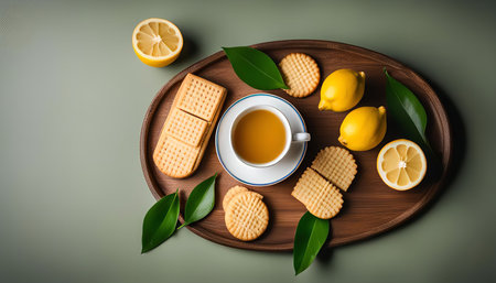 A cup of tea, a plate of cookies, and some fresh lemons on a wooden tray for a delicious and refreshing snack.の写真素材