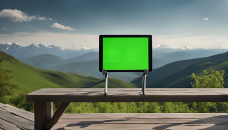 A tablet with a green screen sits on a wooden table in front of a stunning mountainous landscape. The sky is blue with white clouds, and the mountains are green with patches of snow. The image suggests adventure, nature, and the use of technology in beautiful outdoor settings.の写真素材