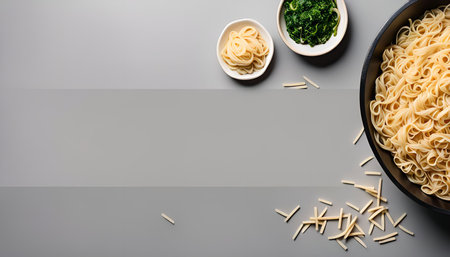 Top view of a plate of pasta with pesto and parmesan cheese. The pasta is arranged in a circle, and the pesto is in a small bowl. The parmesan cheese is in another bowl. The food is on a gray background.の写真素材