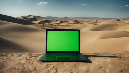 A laptop sits on a sand dune in the desert. The screen is green and the surrounding landscape is vast and emptyの写真素材