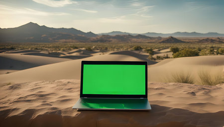 A laptop computer sits on a sand dune in a desert landscape with mountains in the backgroundの写真素材