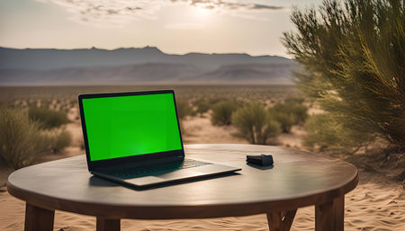 A laptop with a green screen sits on a wooden table in a desert setting with a mountain in the distance. The sun is setting in the background.の写真素材