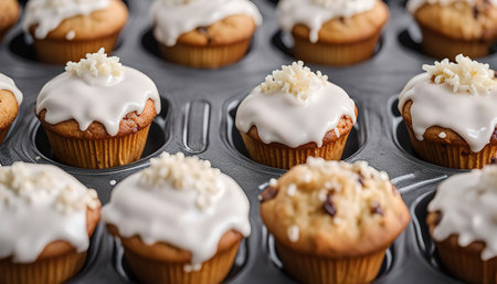 A close-up shot of muffins in a baking pan, freshly baked and topped with white frosting.の写真素材