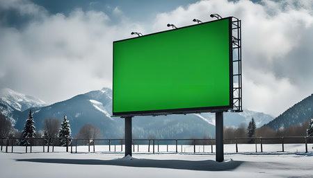 A blank billboard stands tall in a snowy landscape, framed by towering mountains and a clear blue sky. This captivating scene offers a perfect backdrop for showcasing your brand or message in a breathtaking winter setting.の写真素材