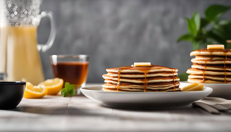 A plate of golden brown pancakes topped with syrup and butter. The pancakes are stacked high and...