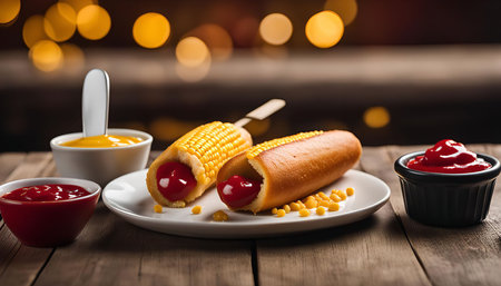 Close up of two corn dogs with ketchup and mustard on a plate. A bowl of ketchup and mustard are...