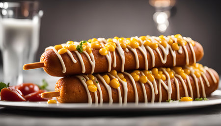 A close up of a corn dog topped with corn kernels and drizzled with white sauce, lying on a white plate.の写真素材