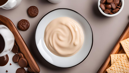 A close-up shot of a creamy dessert dip in a white bowl, surrounded by chocolate chips, crackers on a wooden tray, and a cup of chocolate sauce.の写真素材