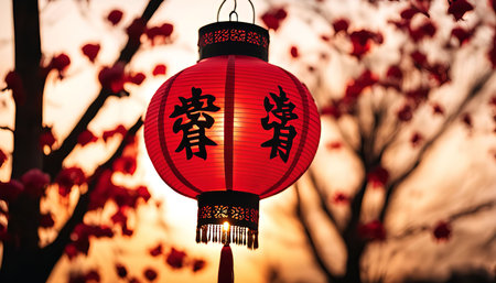 A red Chinese lantern hangs from a branch, illuminated against a warm sunset backdrop. The lantern features intricate designs and Chinese characters, symbolizing good fortune and celebration.の写真素材