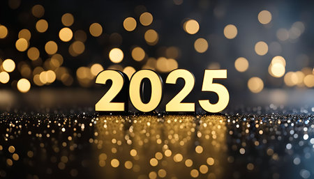 Golden 2025 digits on a glittery surface with out-of-focus golden lights in the background, perfect...
