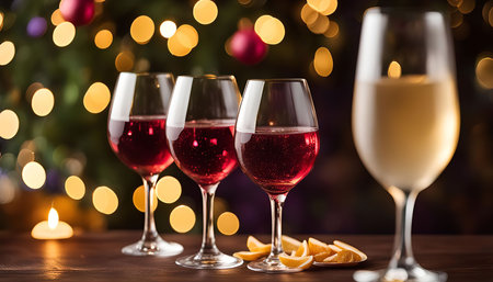 Three glasses of red wine and one glass of white wine are on a wooden table, with a blurry Christmas tree as the background. The scene is set for a festive occasion, filled with warm lights and celebratory atmosphere.の写真素材
